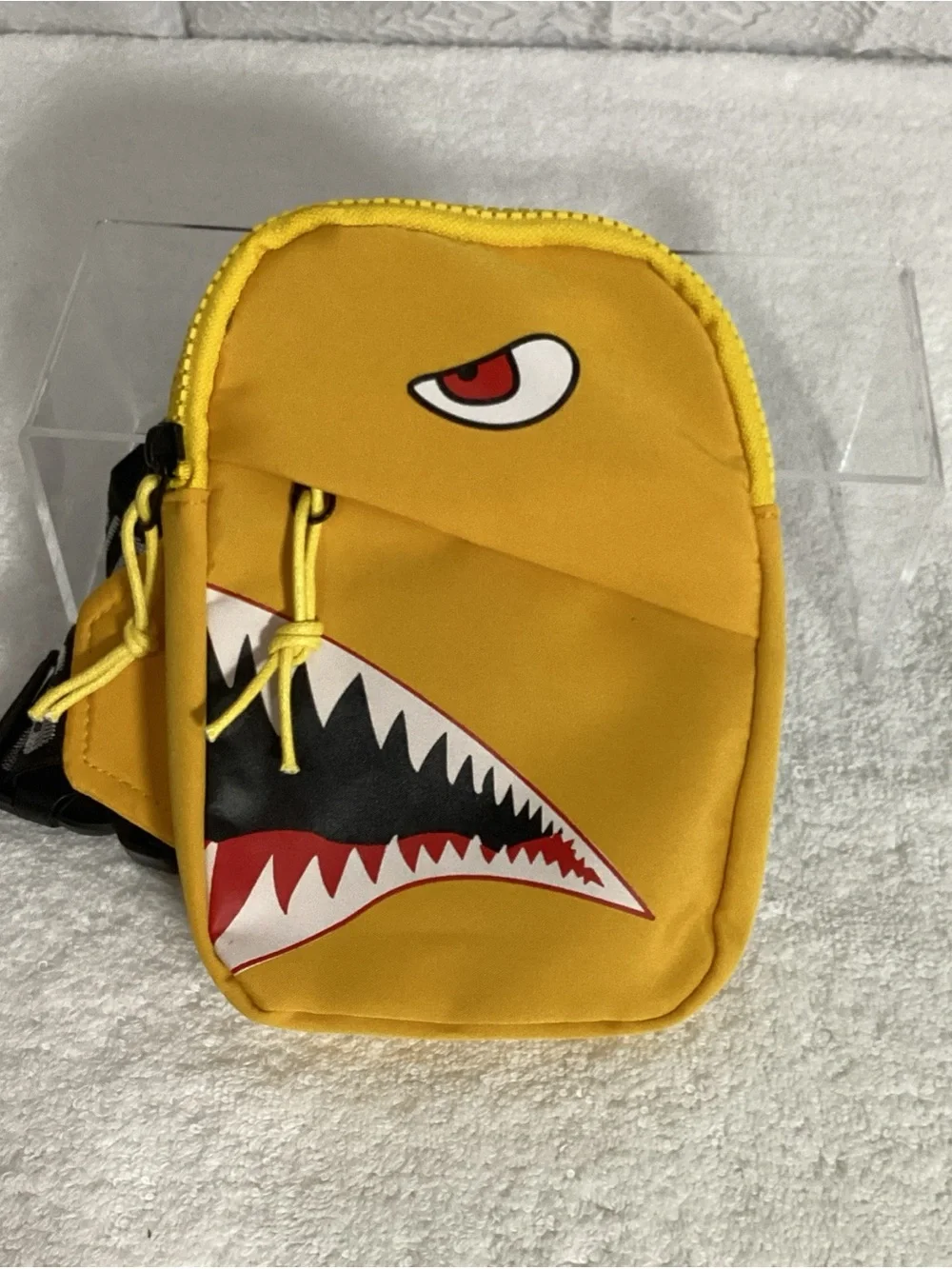 Monster Shark Face Graphic Yellow Nylon Fashion Crossbody Bag EUC Black Strap